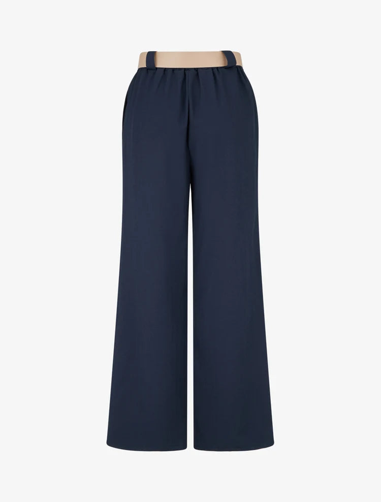 LIVORNO | CONJUNTO TOP FLUIDO CUELLO CAÍDO Y PANTALÓN AMPLIO DE RAYAS AZUL MARINO