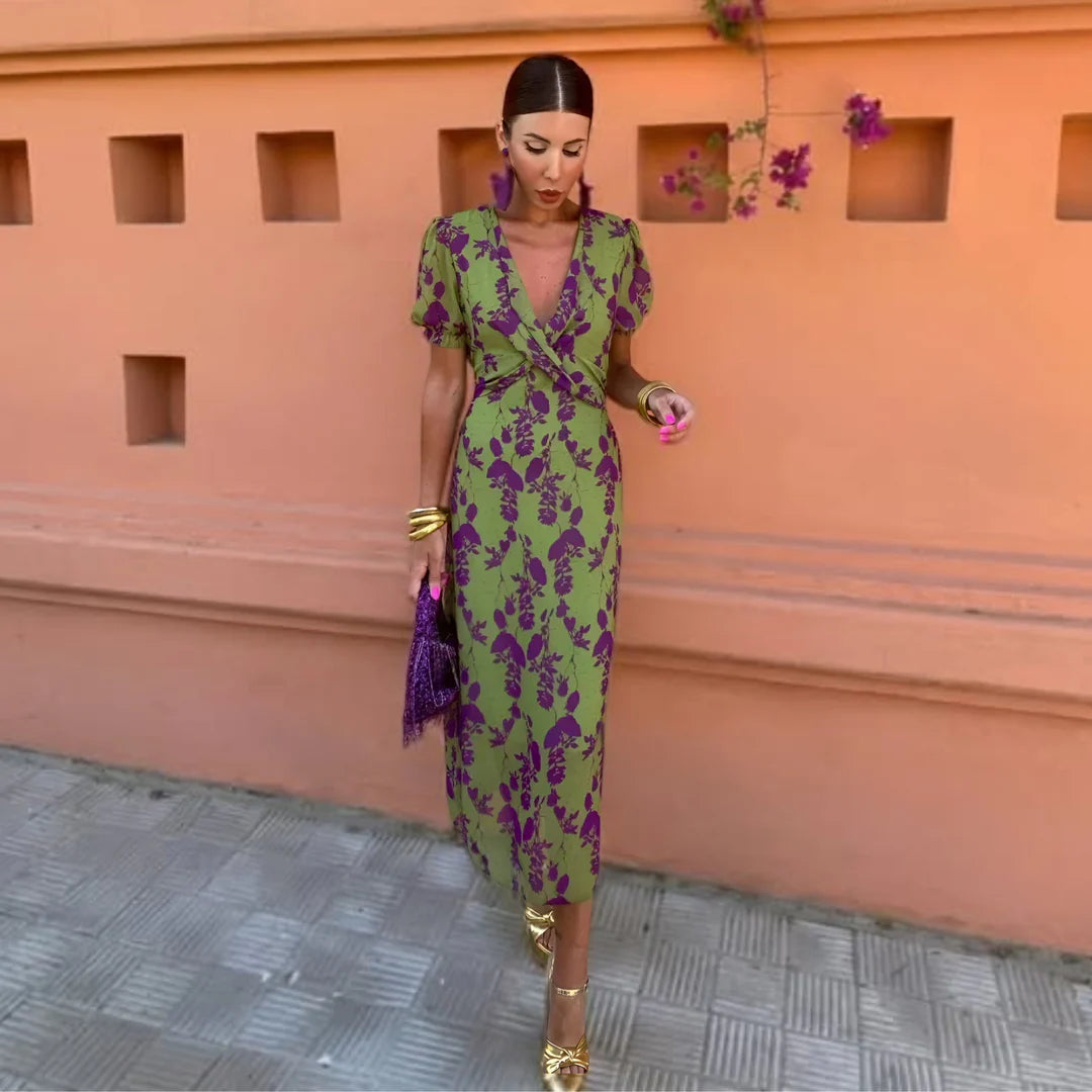 BOREAL | VESTIDO PRIMAVERA MIDI SATINADO CON ESTAMPADO FLORAL VERDE