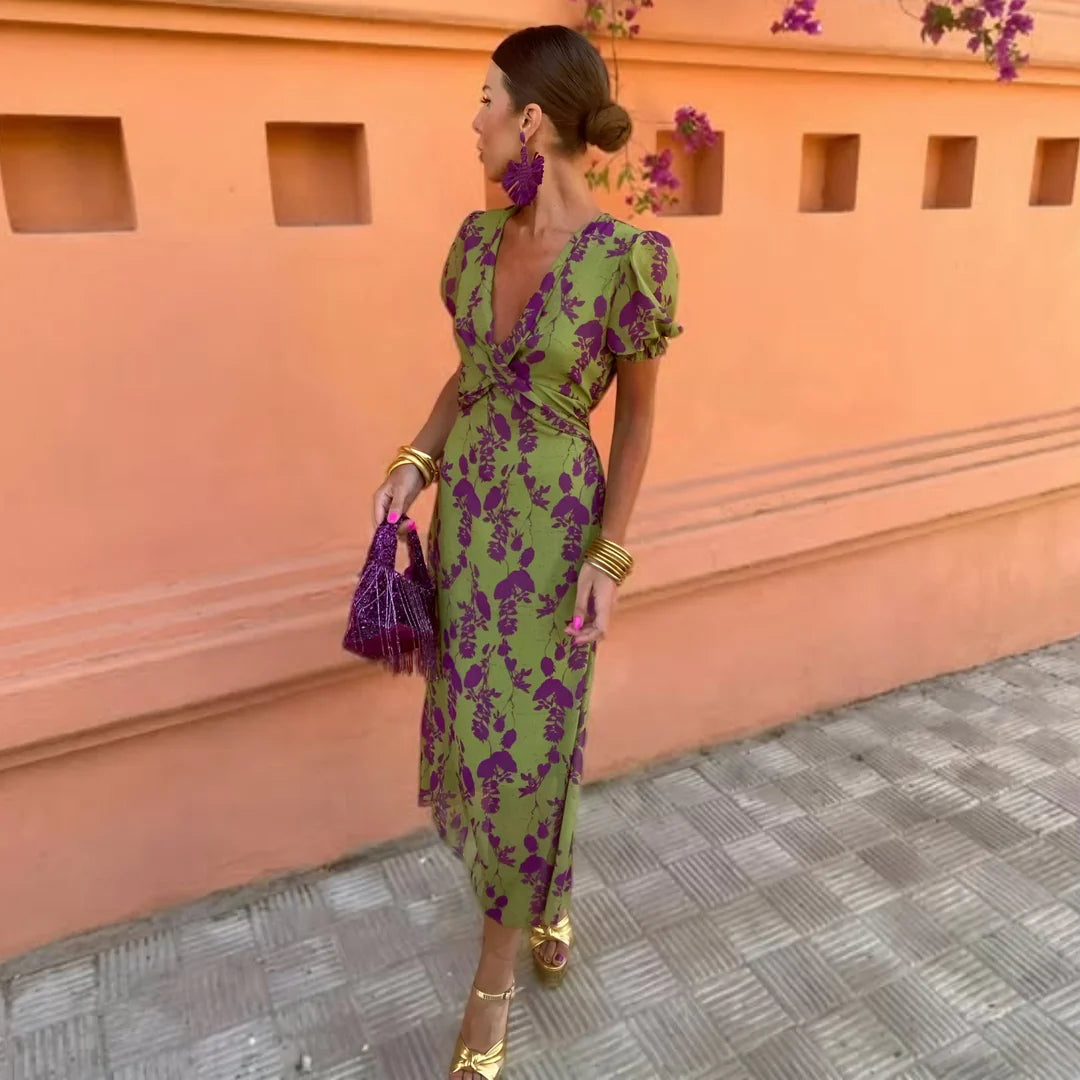 BOREAL | VESTIDO PRIMAVERA MIDI SATINADO CON ESTAMPADO FLORAL VERDE