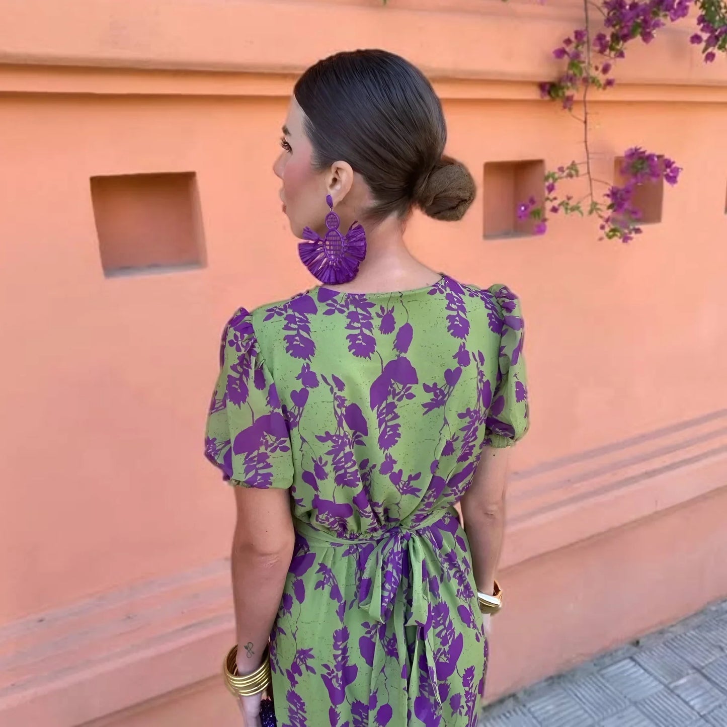 BOREAL | VESTIDO PRIMAVERA MIDI SATINADO CON ESTAMPADO FLORAL VERDE