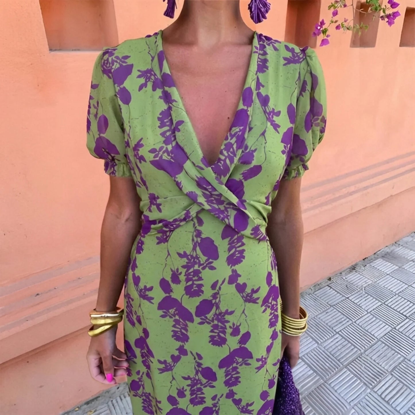 BOREAL | VESTIDO PRIMAVERA MIDI SATINADO CON ESTAMPADO FLORAL VERDE