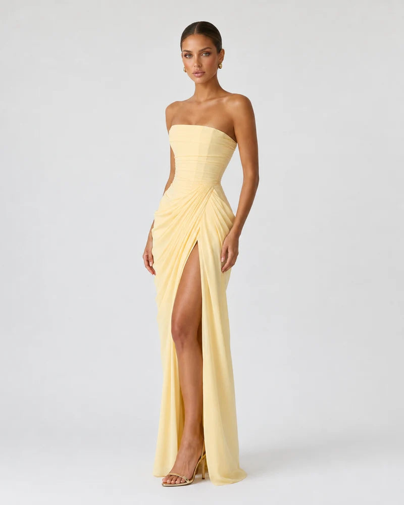 TAORMINA | VESTIDO LARGO PALABRA DE HONOR DRAPEADO CON ABERTURA
