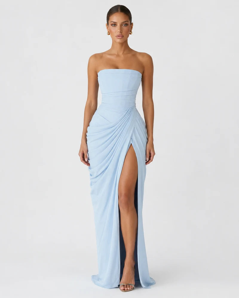 TAORMINA | VESTIDO LARGO PALABRA DE HONOR DRAPEADO CON ABERTURA