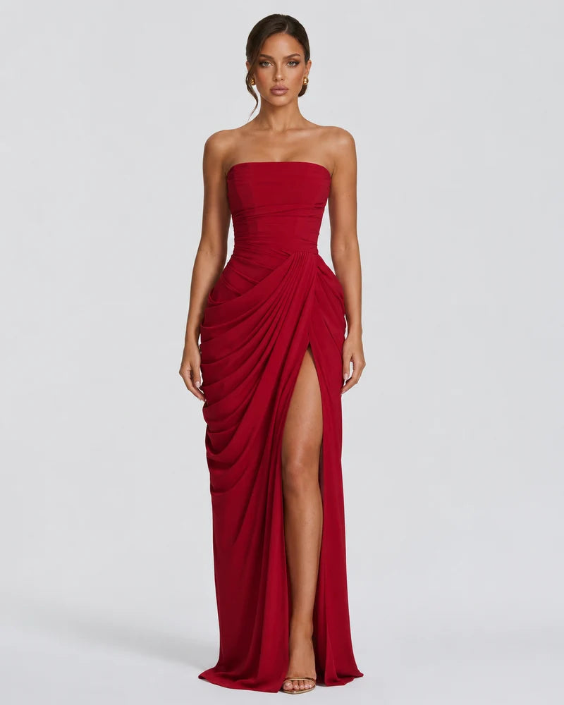 TAORMINA | VESTIDO LARGO PALABRA DE HONOR DRAPEADO CON ABERTURA
