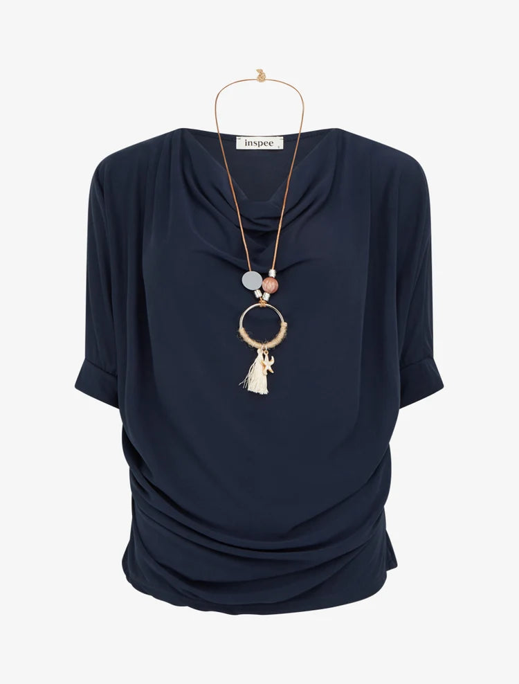 LIVORNO | CONJUNTO TOP FLUIDO CUELLO CAÍDO Y PANTALÓN AMPLIO DE RAYAS AZUL MARINO
