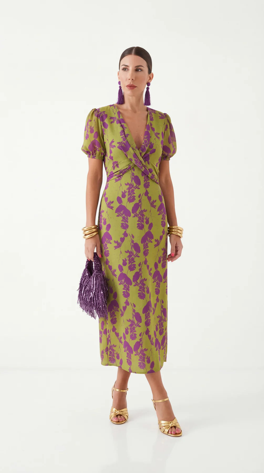 BOREAL | VESTIDO PRIMAVERA MIDI SATINADO CON ESTAMPADO FLORAL VERDE