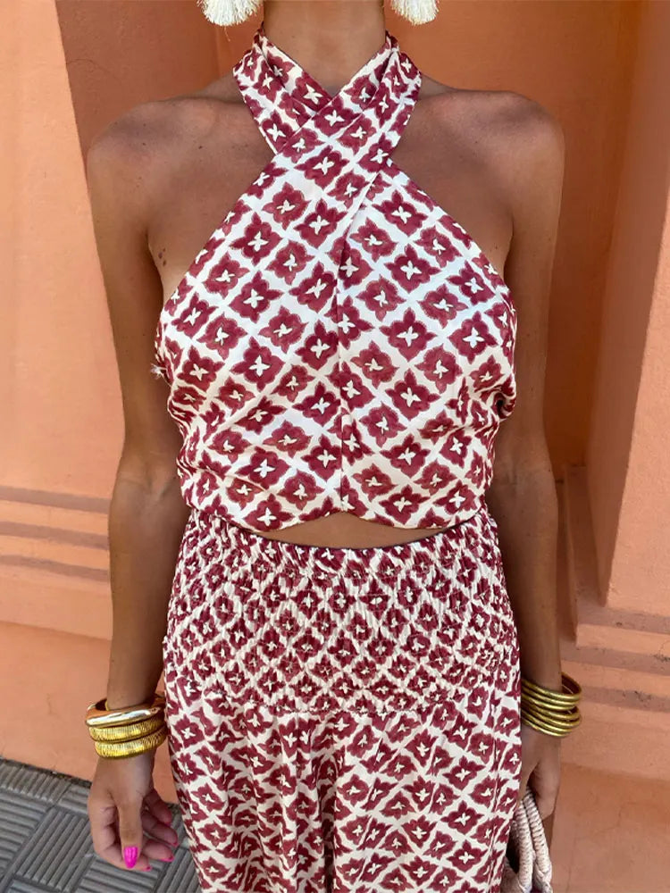 ELSA | VESTIDO HALTER CRUZADO CON ESTAMPADO ROJO Y BLANCO