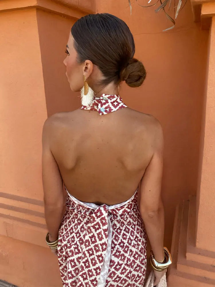 ELSA | VESTIDO HALTER CRUZADO CON ESTAMPADO ROJO Y BLANCO
