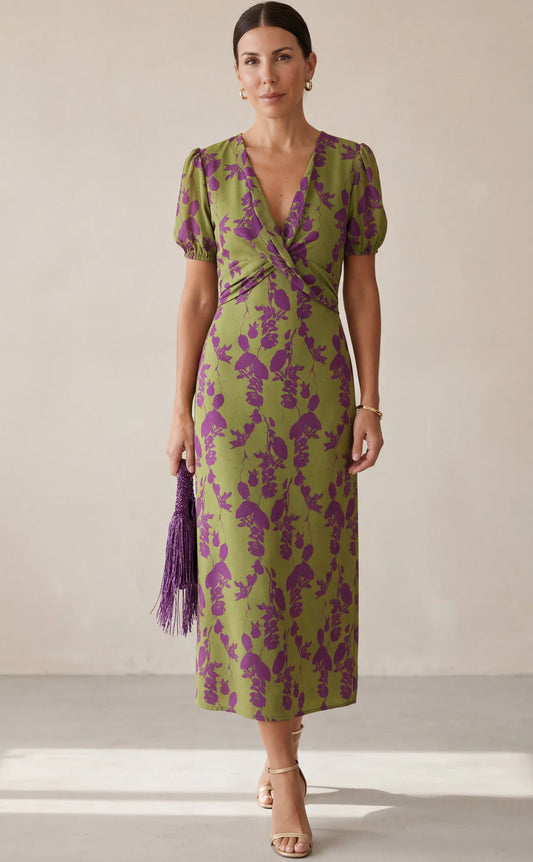 BOREAL | VESTIDO PRIMAVERA MIDI SATINADO CON ESTAMPADO FLORAL VERDE