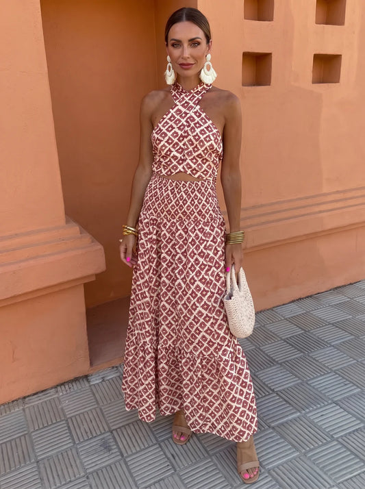 ELSA | VESTIDO HALTER CRUZADO CON ESTAMPADO ROJO Y BLANCO